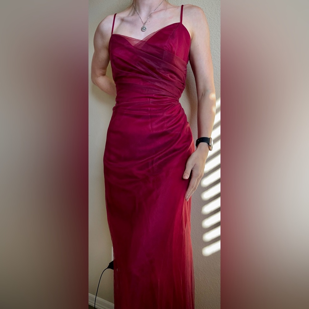 Watters & Watters Maroon Red Tulle Draped Gown Dress 4